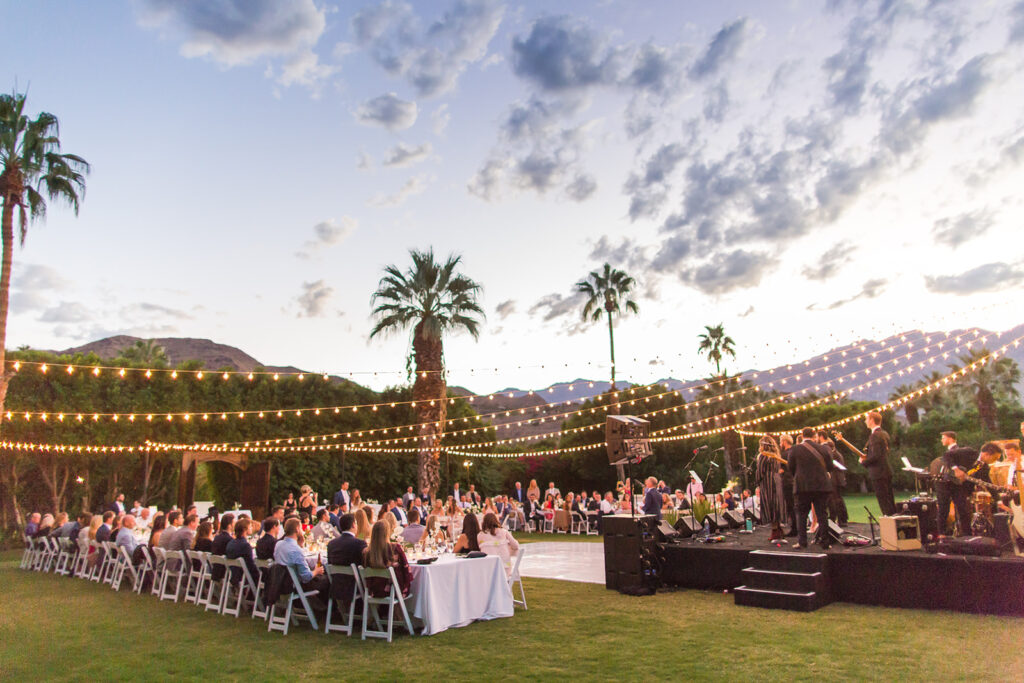 outdoor wedding reception at Parker Palm Springs with band on stage